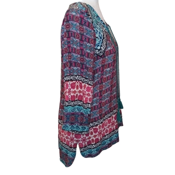 RED CAMEL MULTI-PRINT BOHO TOP/BLOUSE W/LONG BISHOP SLEEVES - SIZE M Ptp 19" - Picture 2 of 6